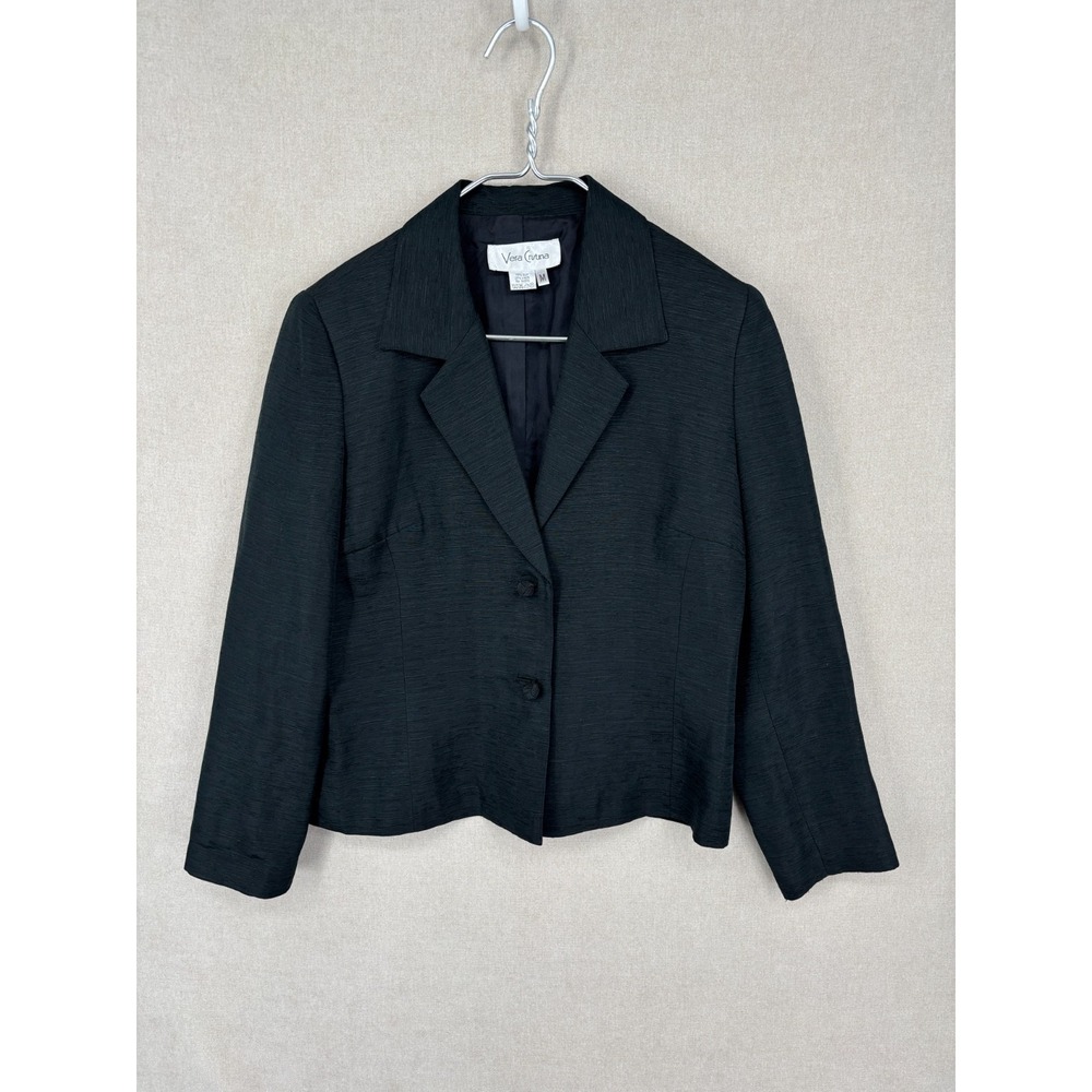 Vera Cristina Blazer Jacket M Black Silk Linen Classic 2 Button Classic Career